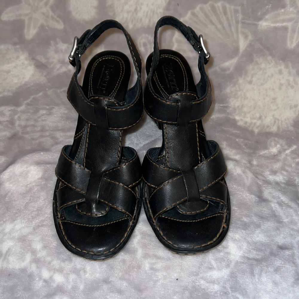 Born high heel black leather sandals